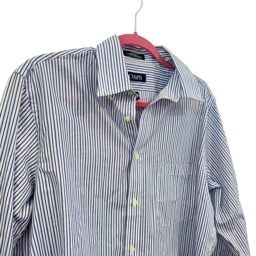 Chaps Mens Dress Shirt Blue White Stripe Cotton Blend Wrinkle Free 15.5 32/33